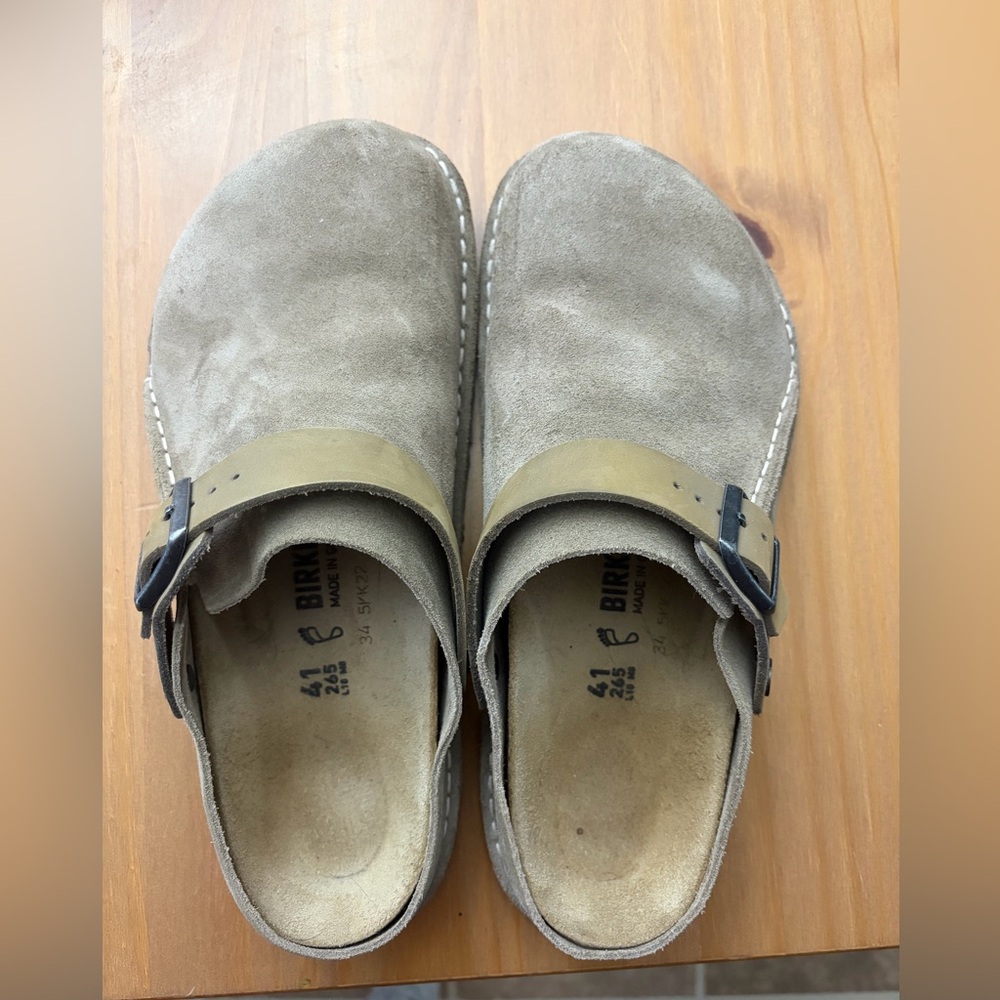 Birkenstock Suede Clogs in Taupe and Olive Strap